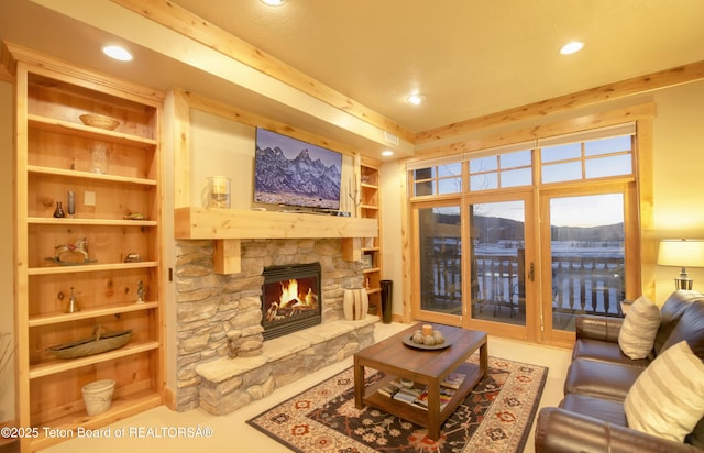 122 Hastings Dr Unit 207, Victor, ID 83455 - living room with a fireplace, recessed lighting, and built in shelves