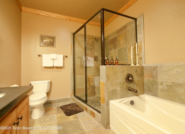 122 Hastings Dr Unit 207, Victor, ID 83455 - full bath featuring a garden tub, vanity, a stall shower, and stone finish floors