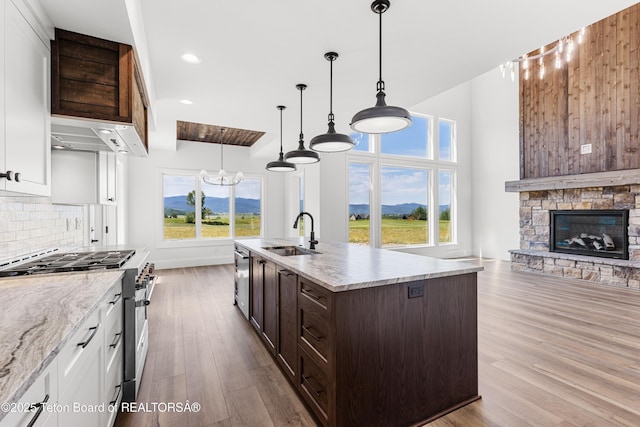 555 Silver Fox Ln, Victor, ID 83455 - kitchen with high end stove, wood finished floors, white cabinetry, and recessed lighting