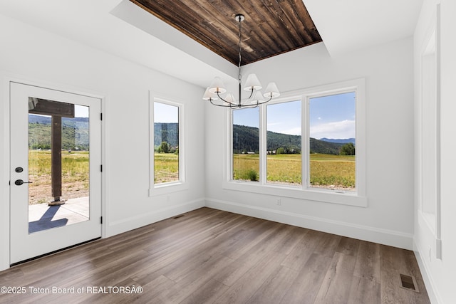 555 Silver Fox Ln, Victor, ID 83455 - unfurnished dining area with healthy amount of natural light, wood ceiling, a chandelier, wood finished floors, and a mountain view