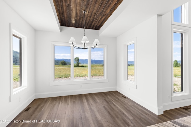 555 Silver Fox Ln, Victor, ID 83455 - unfurnished dining area featuring dark wood-style flooring, plenty of natural light, a chandelier, and wood ceiling