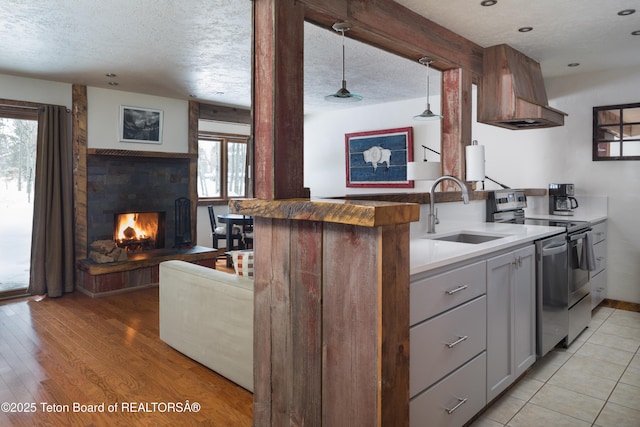 3885 S Lake Creek Dr Unit 1013, Wilson, WY 83014 - kitchen with stainless steel appliances, a textured ceiling, a warm lit fireplace, healthy amount of natural light, and light wood finished floors