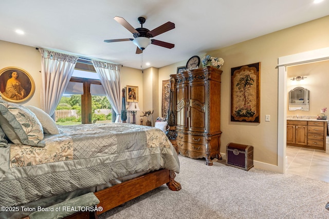 6289 Fox Meadows Dr, Victor, ID 83455 - bedroom with light carpet, ensuite bathroom, ceiling fan, and recessed lighting