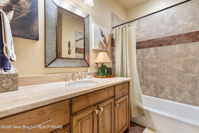 6289 Fox Meadows Dr, Victor, ID 83455 - bathroom with vanity and shower / tub combo with curtain