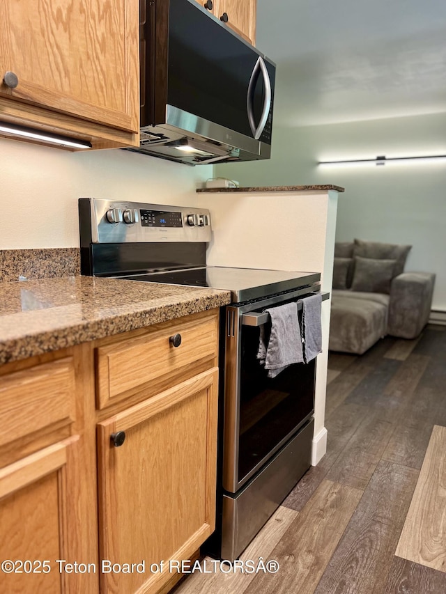 220 Homestead Rd Unit 203, Victor, ID 83455 - kitchen featuring electric range, dark wood-style floors, and light stone counters