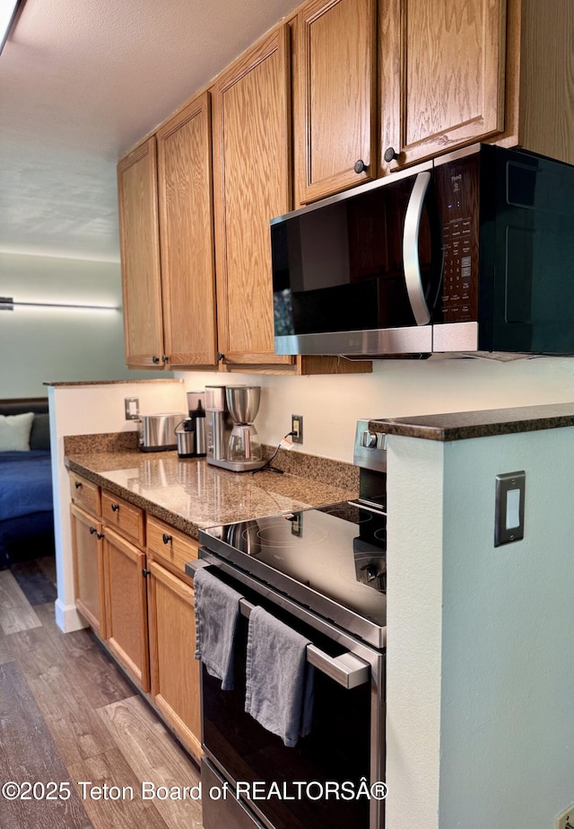 220 Homestead Rd Unit 203, Victor, ID 83455 - kitchen with stainless steel electric range oven, light wood-style flooring, and dark countertops