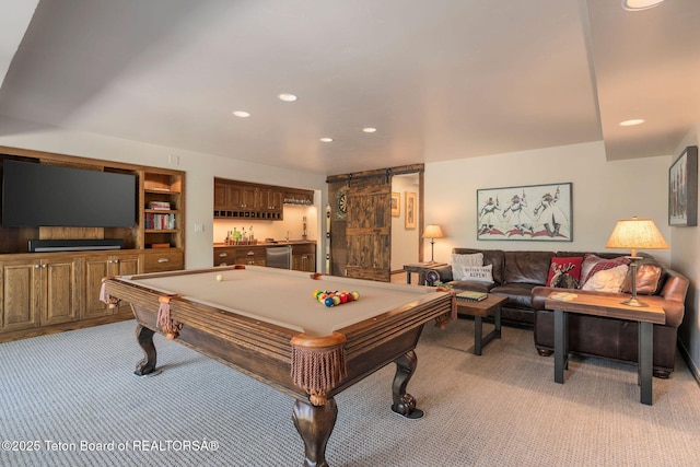 750 N Bar Y Rd, Jackson, WY 83001 - rec room with light colored carpet, recessed lighting, billiards table, and a barn door