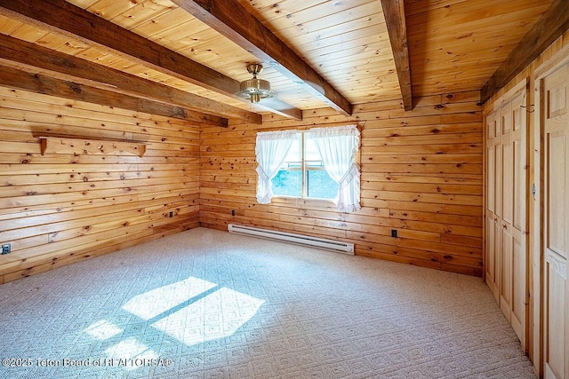 386 Dogwood Dr, Star Valley Ranch, WY 83127 - empty room with a baseboard radiator, a wood ceiling with exposed beams, and wooden walls