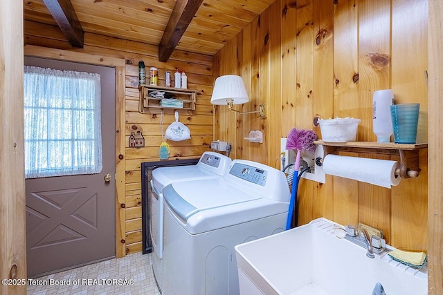 386 Dogwood Dr, Star Valley Ranch, WY 83127 - laundry area featuring washing machine and dryer, wood walls, and wooden ceiling