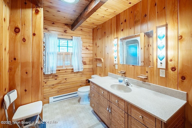 386 Dogwood Dr, Star Valley Ranch, WY 83127 - bathroom with baseboard heating, a wooden ceiling with exposed beams, wood walls, vanity, and tile patterned floors