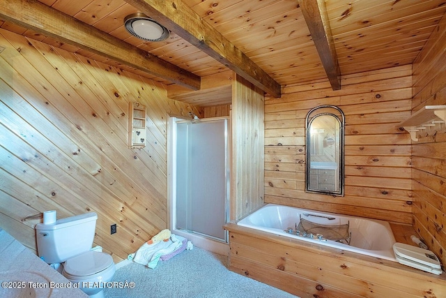 386 Dogwood Dr, Star Valley Ranch, WY 83127 - full bath with a wood ceiling with exposed beams, a stall shower, wood walls, and a bath