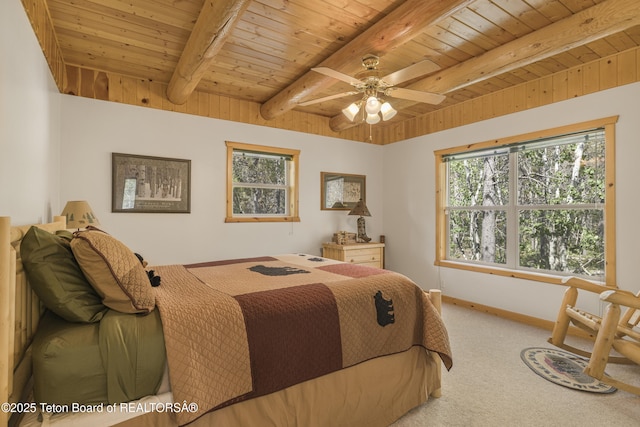 3320 Griffel Ct, Island Park, ID 83429 - bedroom with light carpet and a wooden ceiling with exposed beams