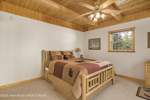 3320 Griffel Ct, Island Park, ID 83429 - bedroom with a wooden ceiling with exposed beams, light colored carpet, and ceiling fan