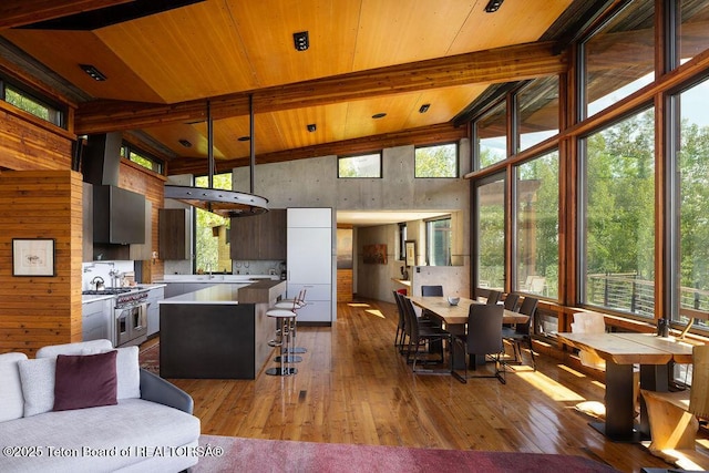 1955 W Bohnetts Rd, Jackson, WY 83001 - kitchen with range with two ovens, a wooden ceiling with exposed beams, hardwood / wood-style flooring, a kitchen island, and light countertops