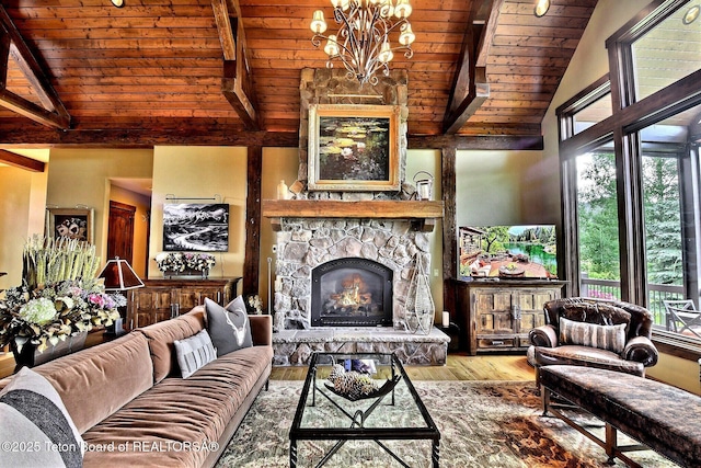70 Hastings Dr, Victor, ID 83455 - living area featuring a wood ceiling with exposed beams, a chandelier, wood finished floors, a fireplace, and high vaulted ceiling