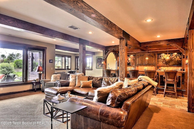 70 Hastings Dr, Victor, ID 83455 - living area with recessed lighting, beamed ceiling, bar, and light colored carpet