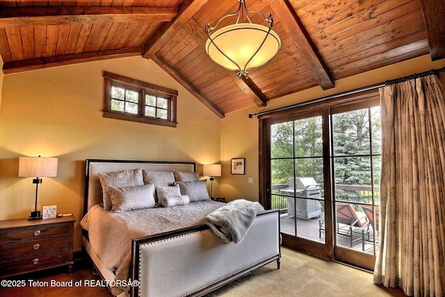70 Hastings Dr, Victor, ID 83455 - carpeted bedroom with access to exterior, wood ceiling, and multiple windows