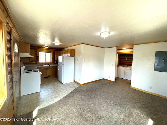 4760 W 500 W, Victor, ID 83455 - kitchen featuring white appliances, electric panel, washer and dryer, under cabinet range hood, and open floor plan