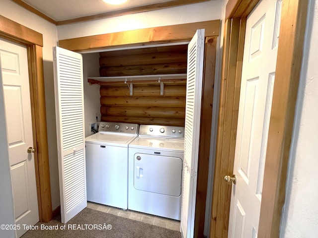 4760 W 500 W, Victor, ID 83455 - washroom with independent washer and dryer, log walls, and ornamental molding
