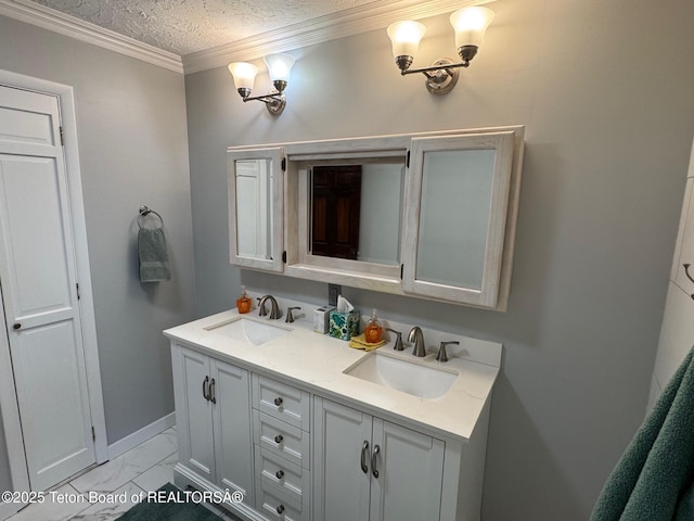13280 N 3750 W, Felt, ID 83424 - bathroom with marble look tiles, double vanity, and crown molding