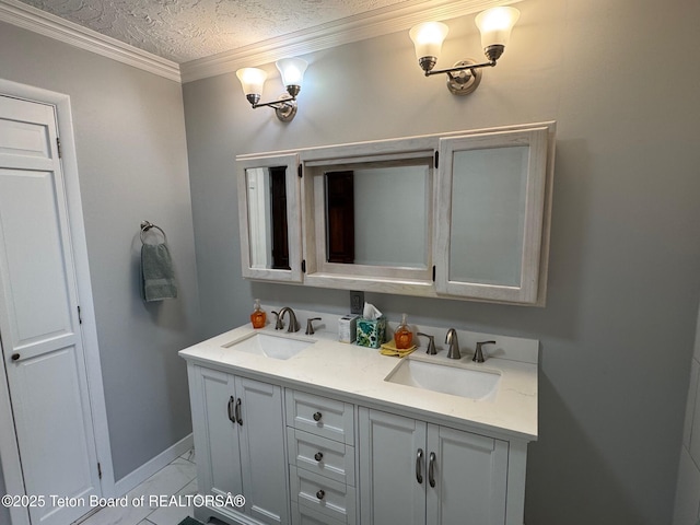 13280 N 3750 W, Felt, ID 83424 - bathroom with double vanity, marble look tiles, crown molding, and a textured ceiling