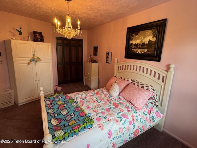 13280 N 3750 W, Felt, ID 83424 - bedroom featuring carpet, a chandelier, a textured ceiling, and a closet