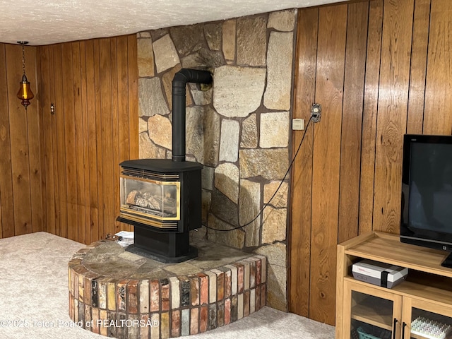 13280 N 3750 W, Felt, ID 83424 - detailed view of wood walls, carpet flooring, a wood stove, and a textured ceiling