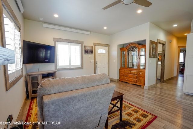 643 Country Club Way, Thayne, WY 83127 - living room featuring plenty of natural light, a ceiling fan, light wood-style floors, and recessed lighting