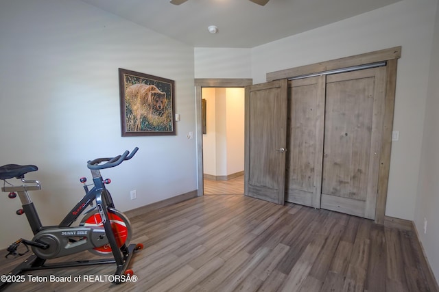643 Country Club Way, Thayne, WY 83127 - workout area with wood finished floors and a ceiling fan