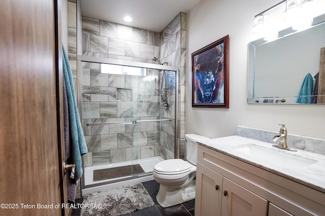643 Country Club Way, Thayne, WY 83127 - bathroom featuring vanity, a shower stall, and tile patterned flooring