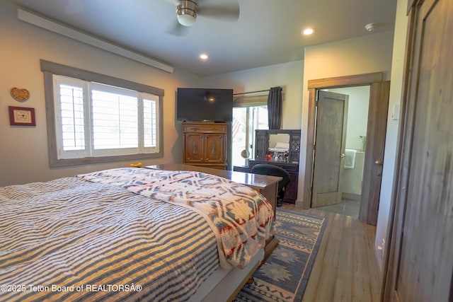 643 Country Club Way, Thayne, WY 83127 - bedroom featuring wood finished floors, recessed lighting, ensuite bathroom, and ceiling fan