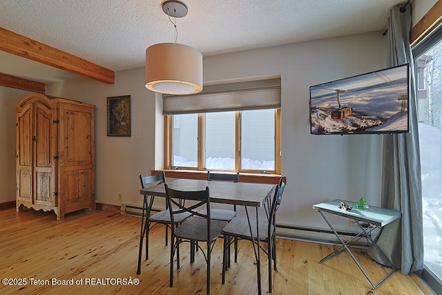 4435 Berry Dr Unit 3611, Wilson, WY 83014 - dining room featuring light wood-style floors, beam ceiling, and a textured ceiling