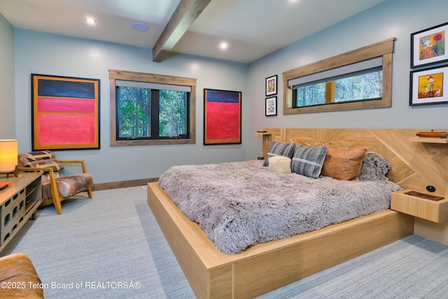 4327 Bridger Rdg, Ashton, ID 83420 - bedroom featuring beamed ceiling, multiple windows, and recessed lighting