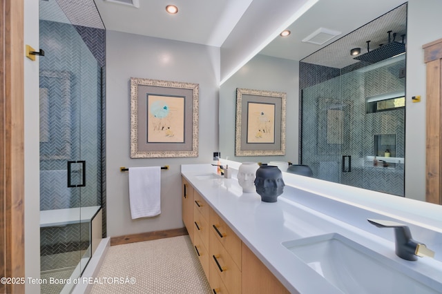 4327 Bridger Rdg, Ashton, ID 83420 - full bath featuring a stall shower, double vanity, recessed lighting, and tile patterned flooring
