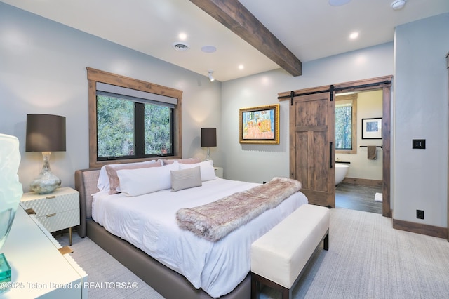 4327 Bridger Rdg, Ashton, ID 83420 - bedroom with a barn door, beam ceiling, connected bathroom, and recessed lighting