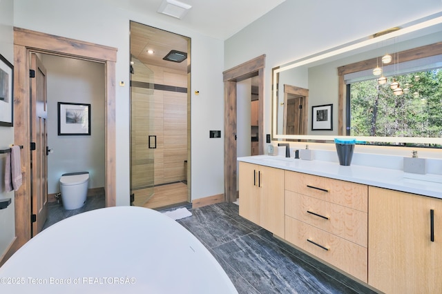 4327 Bridger Rdg, Ashton, ID 83420 - full bathroom featuring a shower stall, double vanity, and a freestanding tub