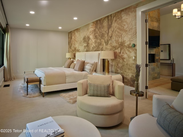 3220 N Teton Pines Dr, Wilson, WY 83014 - carpeted bedroom featuring recessed lighting and a chandelier
