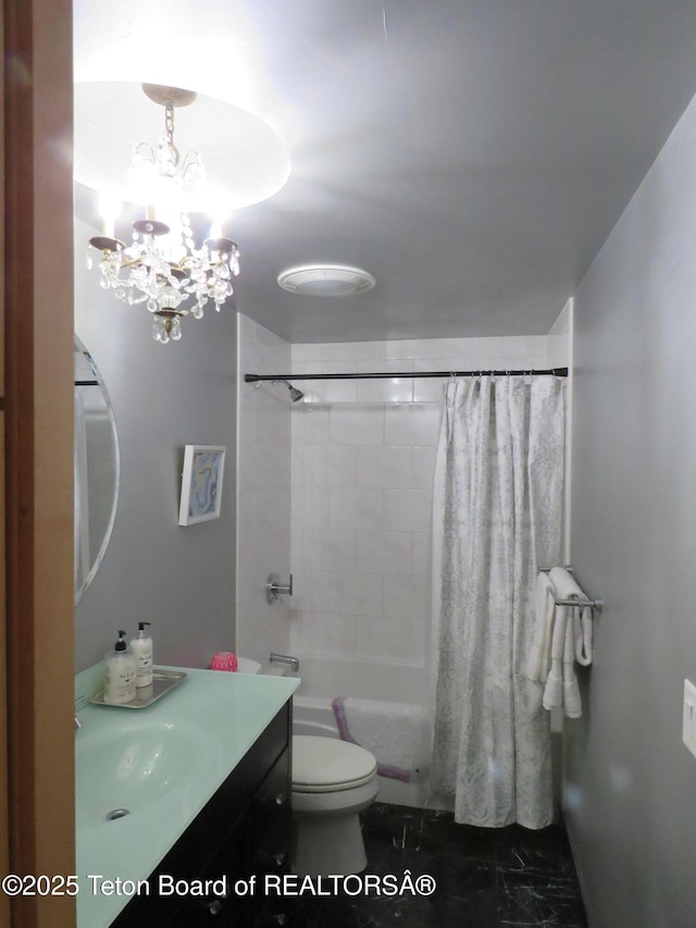 680 E Hall St, Jackson, WY 83001 - full bathroom with vanity, shower / tub combo with curtain, and a chandelier