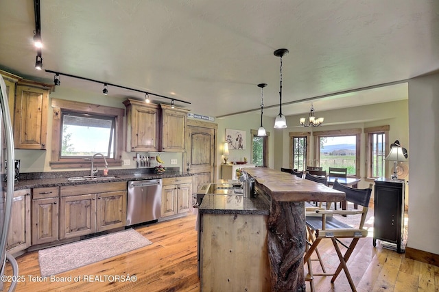 2160 Tomahawk Trl, Victor, ID 83455 - kitchen featuring stainless steel dishwasher, track lighting, light wood finished floors, and healthy amount of natural light