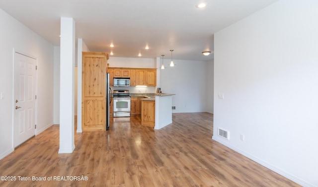 80 Eva Ln Unit 14, Victor, ID 83455 - kitchen with stainless steel appliances, light wood-style floors, recessed lighting, a peninsula, and decorative light fixtures