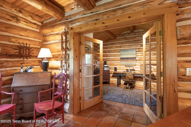 3760 N Moose-Wilson Rd, Wilson, WY 83014 - office space featuring wooden ceiling, log walls, and tile patterned floors