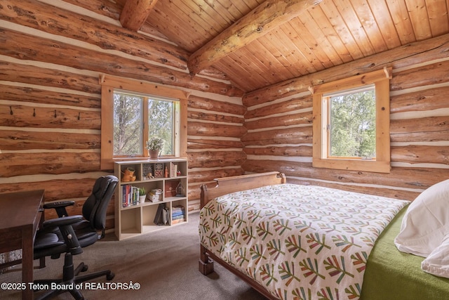 3760 N Moose-Wilson Rd, Wilson, WY 83014 - bedroom with multiple windows, wooden ceiling, a desk, carpet floors, and rustic walls
