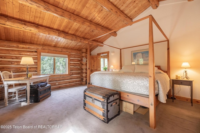 3760 N Moose-Wilson Rd, Wilson, WY 83014 - bedroom featuring log walls, multiple windows, wood ceiling, and carpet flooring