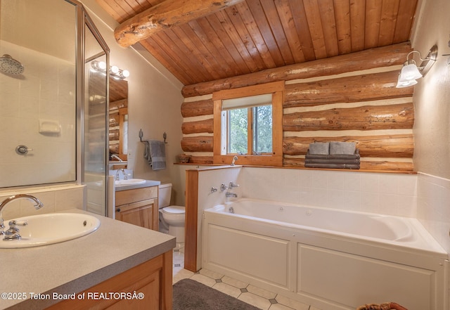 3760 N Moose-Wilson Rd, Wilson, WY 83014 - bathroom with vanity, log walls, a garden tub, a wood ceiling with exposed beams, and a stall shower