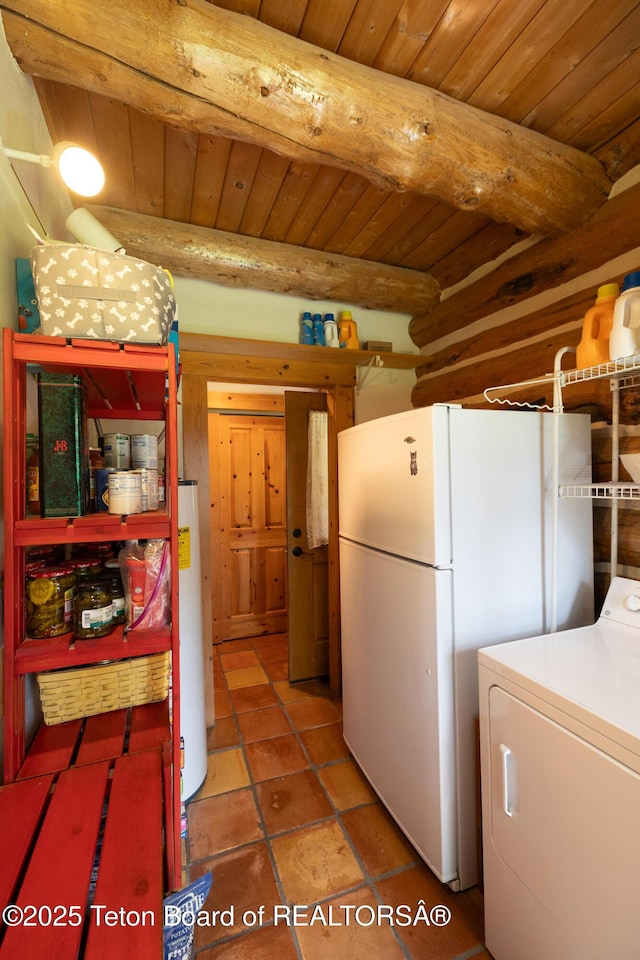 3760 N Moose-Wilson Rd, Wilson, WY 83014 - kitchen with washer / dryer, a wooden ceiling with exposed beams, freestanding refrigerator, and water heater