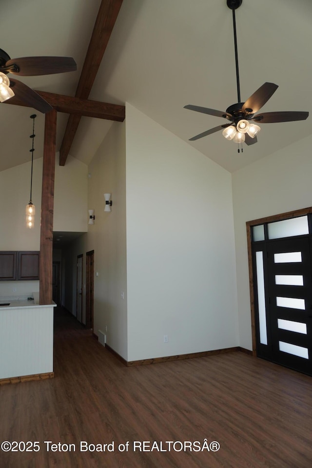 1350 Arroyo, Pinedale, WY 82941 - foyer with a ceiling fan, high vaulted ceiling, dark wood finished floors, and beamed ceiling