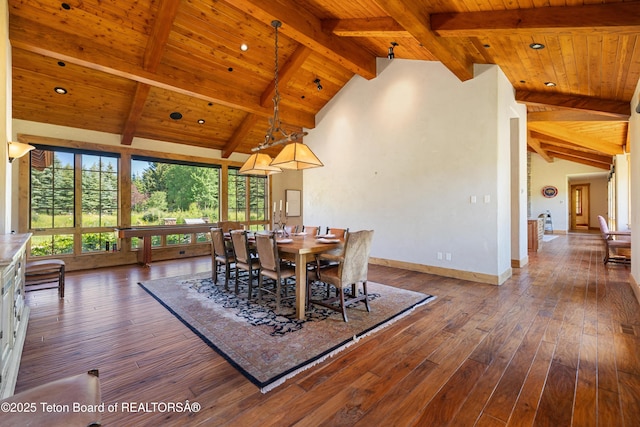 500 E Buckwheat Cir, Jackson, WY 83001 - dining space featuring a wooden ceiling with exposed beams, hardwood / wood-style floors, and high vaulted ceiling