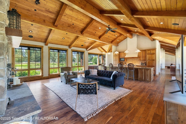 500 E Buckwheat Cir, Jackson, WY 83001 - living area featuring dark wood-type flooring, a wood ceiling with exposed beams, high vaulted ceiling, and ceiling fan