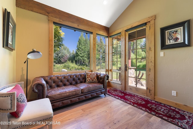 500 E Buckwheat Cir, Jackson, WY 83001 - living area featuring vaulted ceiling and wood finished floors