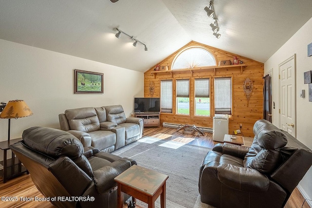 158 Holly Dr, Star Valley Ranch, WY 83127 - living area with track lighting, lofted ceiling, light wood-style floors, and wooden walls